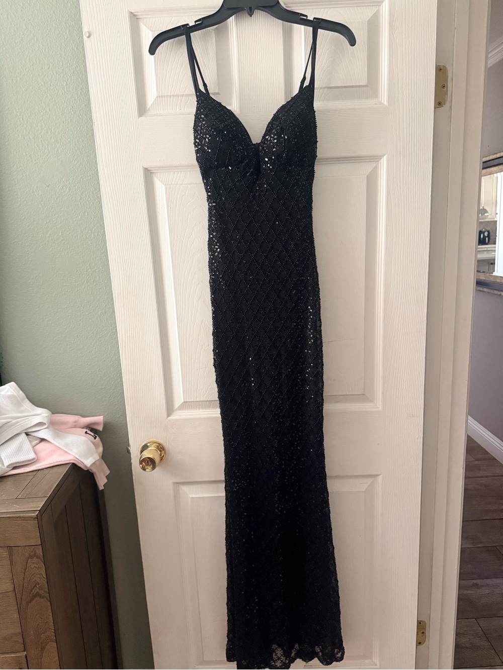 B Darlin Black Sequin Slim Prom Gown with Spaghetti Straps